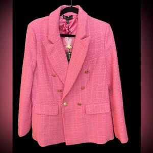Chic Pink Tweed Blazer with Gold Buttons Carre Noir Size L NWT
